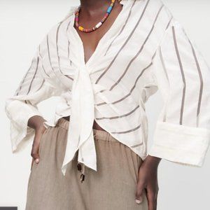 ZARA LINEN TIED SHIRT STRIPED ECRU